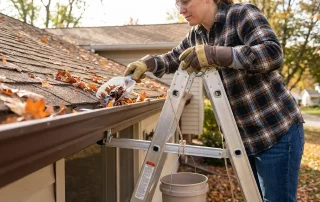woman on a ladder cleaning gutters from debris