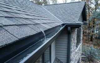 Water dripping from the edge of the roof to a new installed gutter system